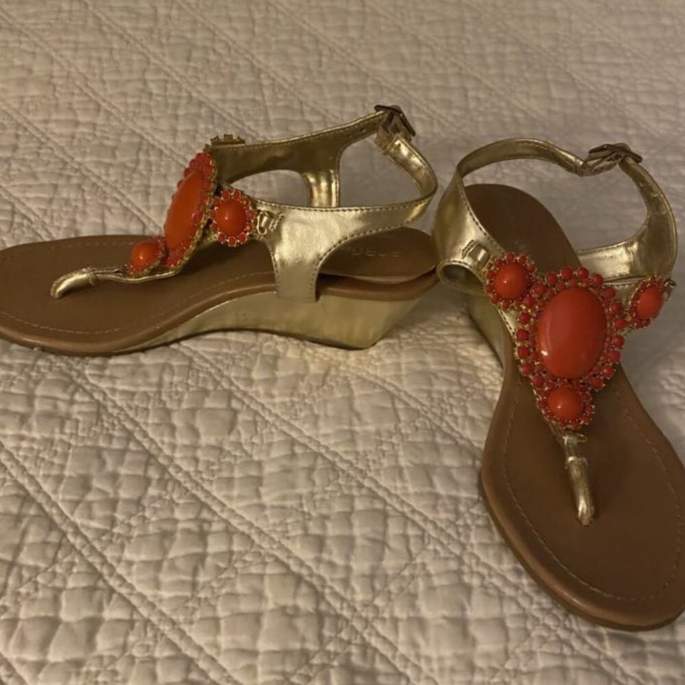 Gold and coral BCBGeneration jeweled wedge sandals
